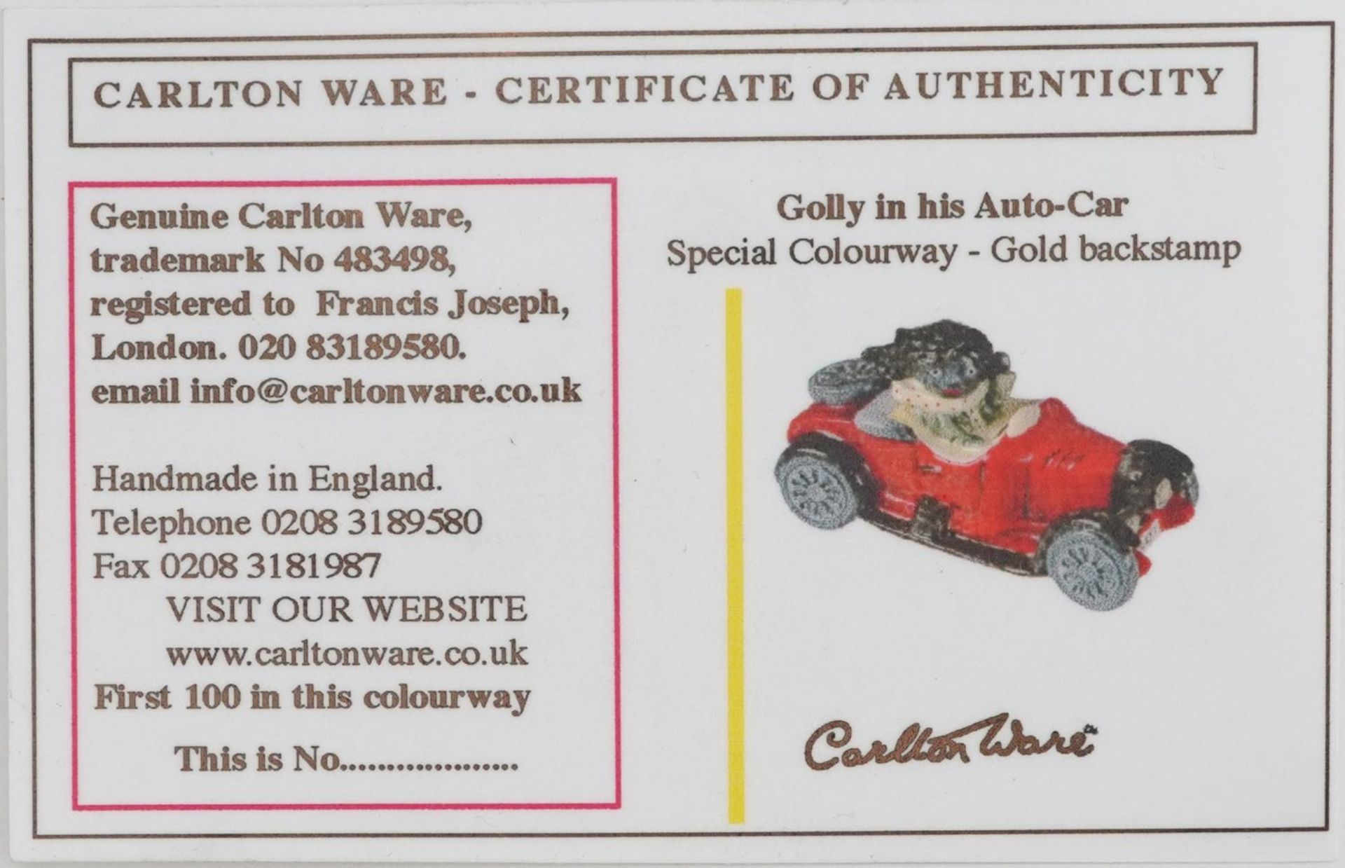 Two limited edition Carltonware Golly in Auto Cars, one with certificate numbers 16 and 39, 12cm - Bild 5 aus 5