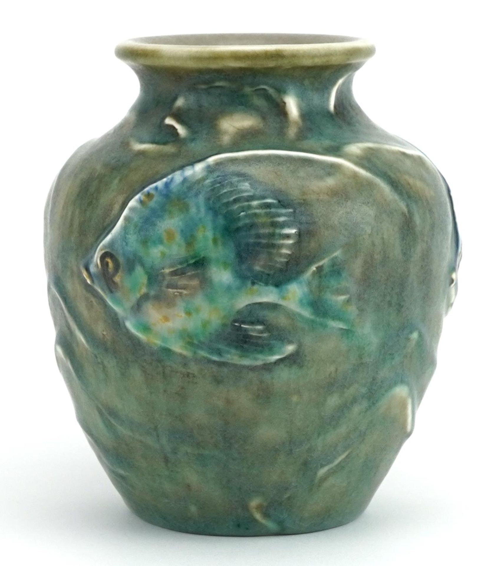 Richard Joyce for Pilkington, Arts & Crafts Royal Lancastrian vase decorated in low relief with fish