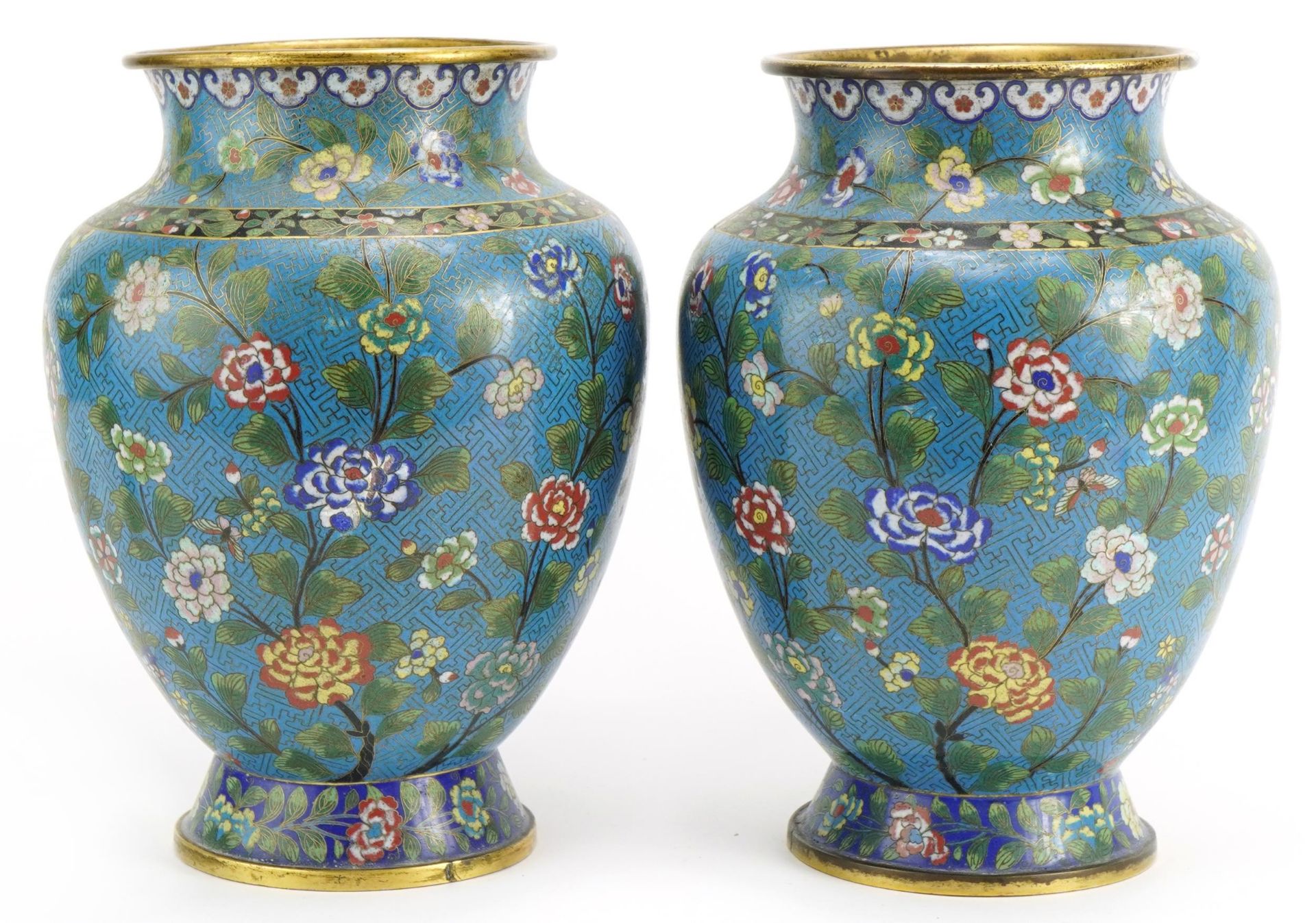 Pair of Chinese cloisonne vases finely enamelled with flowers and foliage, each 28.5cm high : For