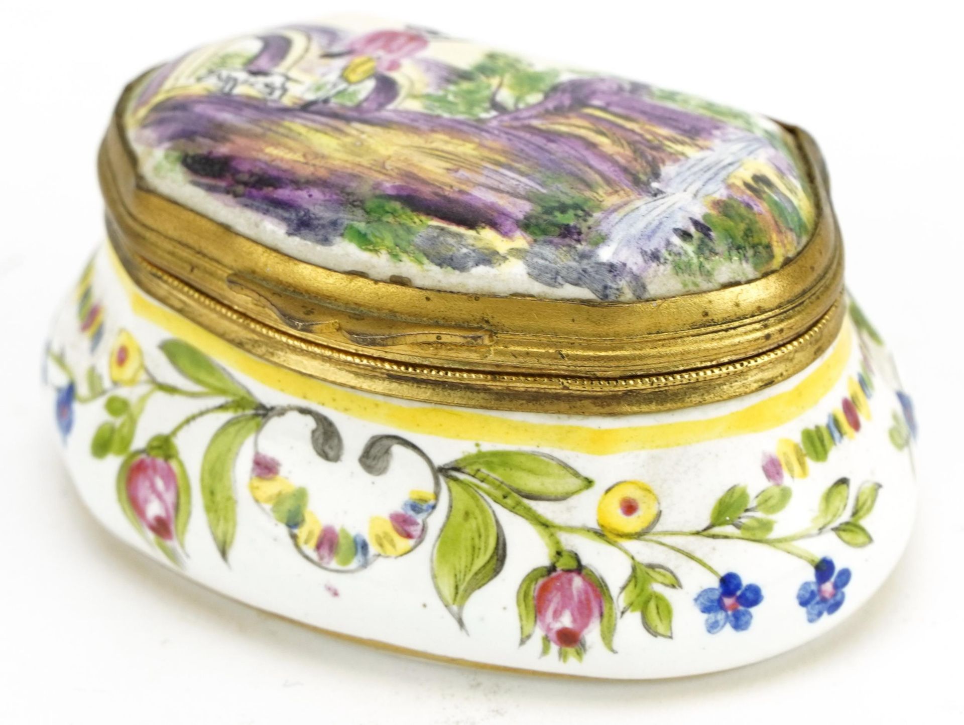 19th century European faience glazed patch box hand painted with a figure with dog and flowers,
