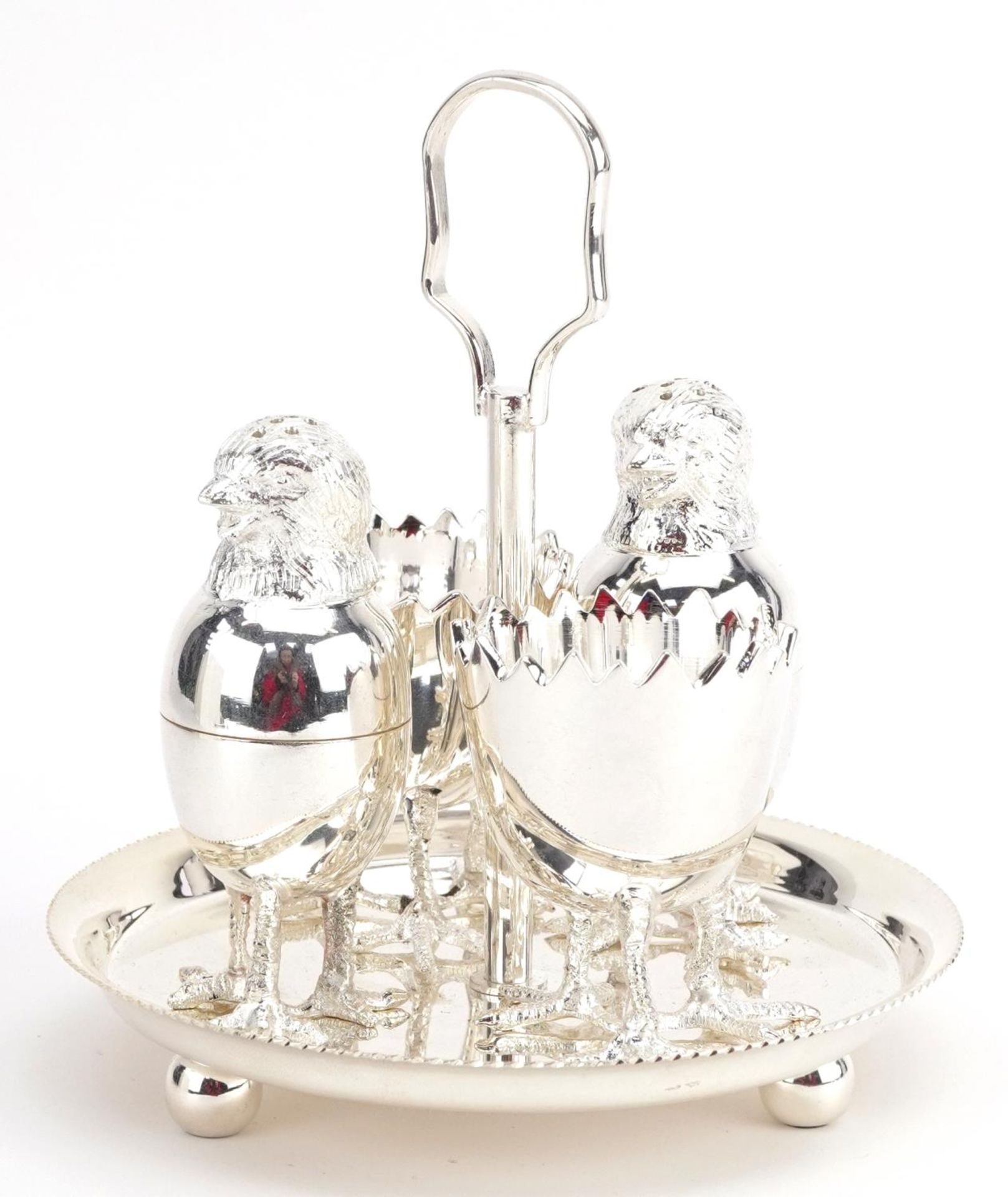 Novelty silver plated chick design four piece cruet on stand, 13.5cm high : For further