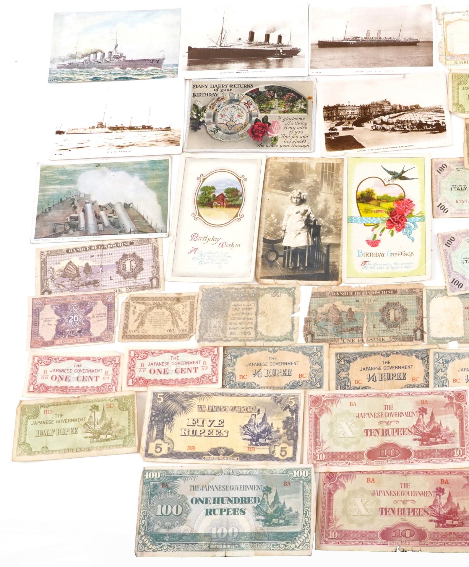 Collection of world banknotes and various postcards including HMS Spanker and Fore Turret Deck of - Image 2 of 3