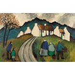 Manner of Markey Robinson - Village scene with cottages and figures, Irish school oil on board,