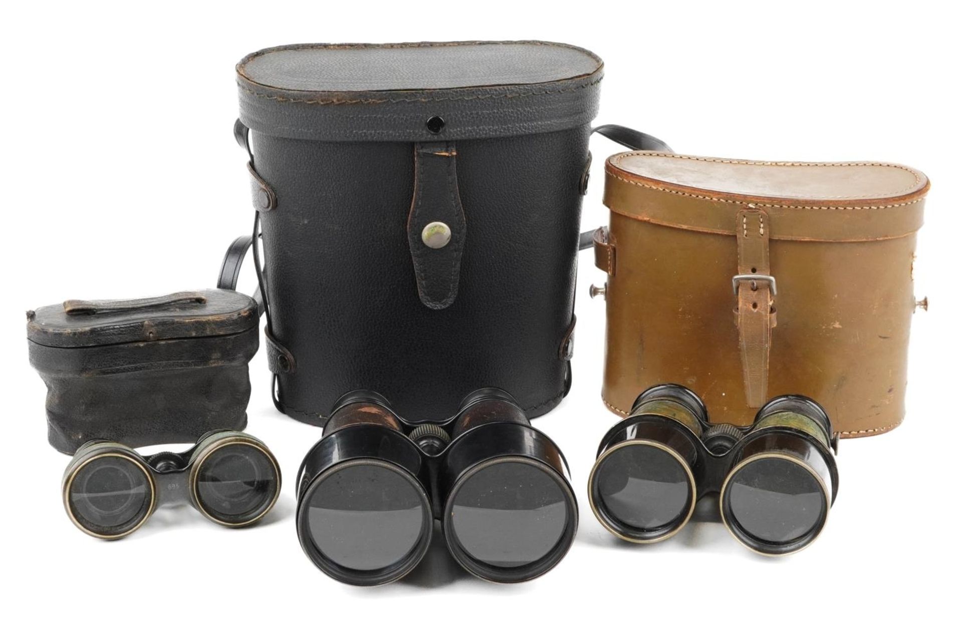 Three pairs of vintage binoculars with cases including marine, field and theatre examples : For