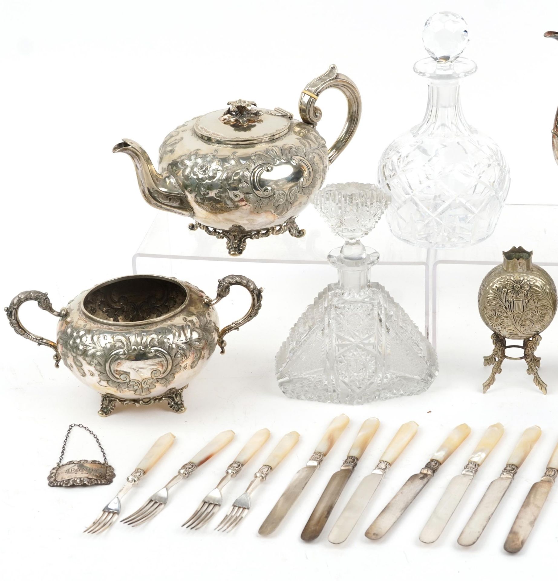 Silver, silverplate and glassware including two cut glass decanters, one with silver brandy decanter - Image 2 of 4