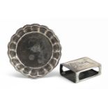 Chinese export silver matchbox case and circular tray embossed and engraved with dragons, the