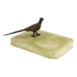 Green onyx dish surmounted with a cold painted bronze pheasant in the manner of Franz Xaver