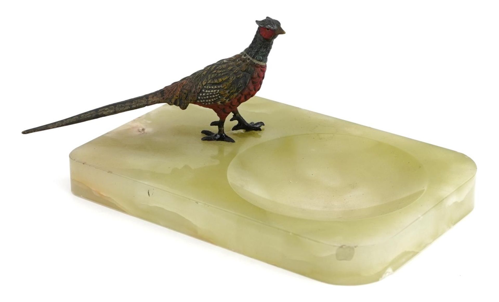 Green onyx dish surmounted with a cold painted bronze pheasant in the manner of Franz Xaver