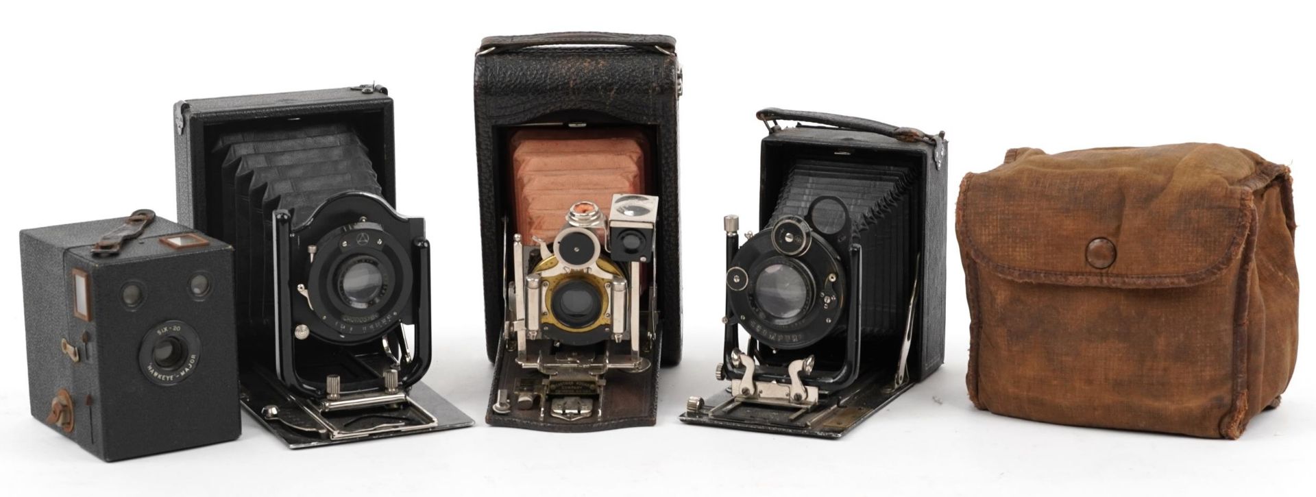 Three vintage folding cameras including Kodak and Hawkeye-Major box camera with bag : For further