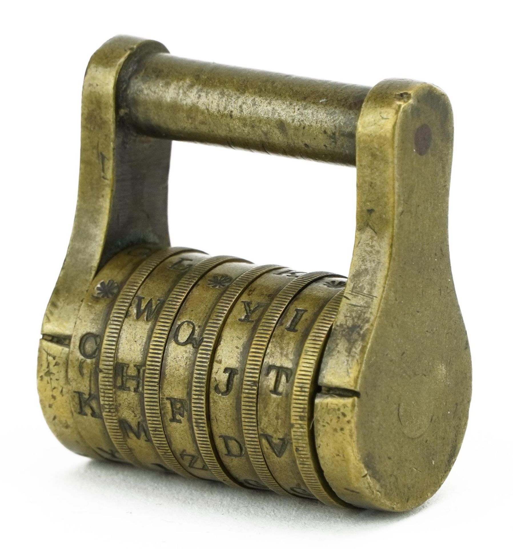 Antique brass five combination letter padlock, 3.5cm wide : For further information on this lot