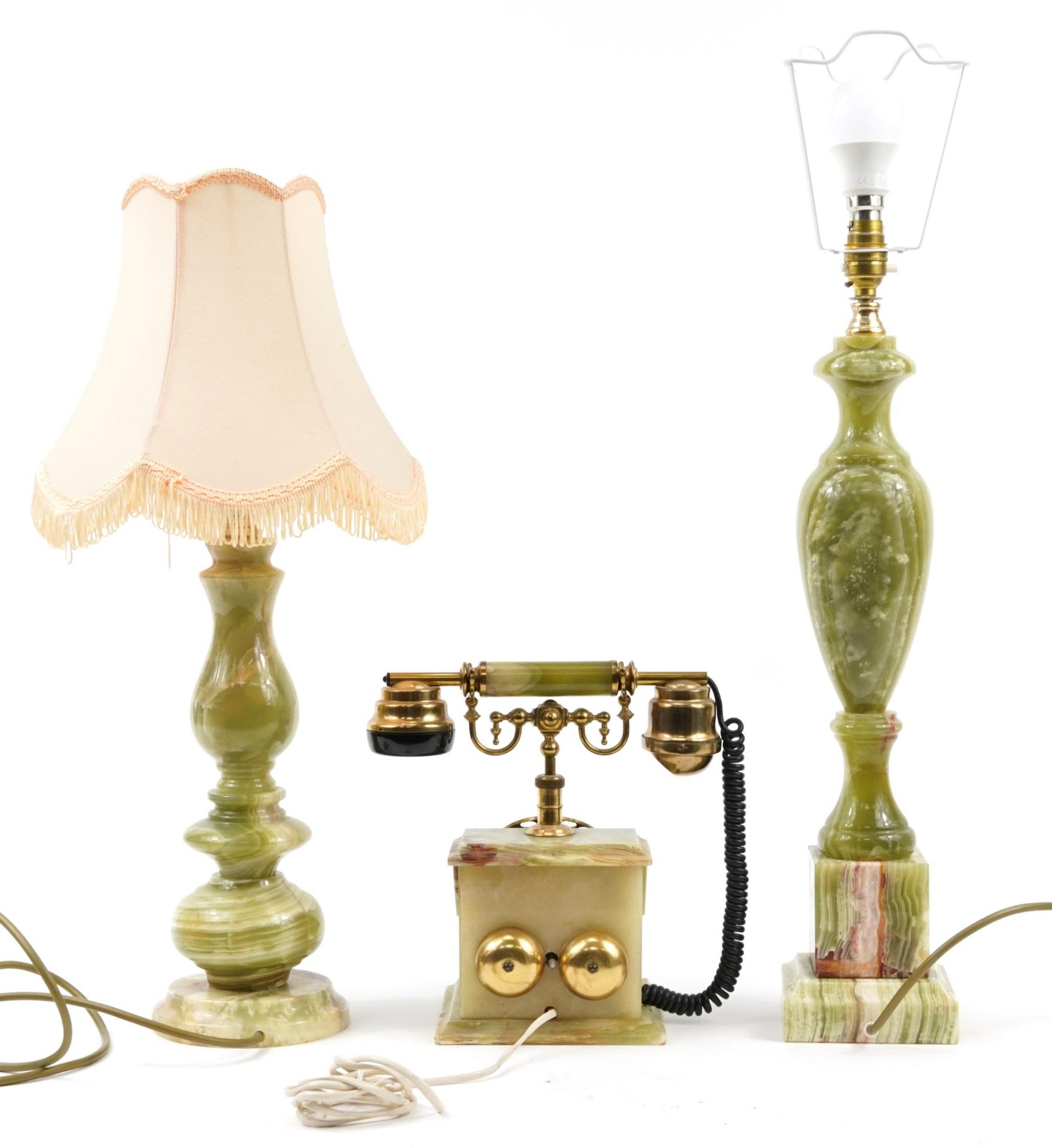 Two green onyx table lamps, one with shade and a vintage green onyx dial telephone, the largest 68cm - Image 2 of 2