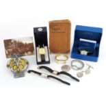 Sundry items including wristwatches, two silver fobs and an AA car badge : For further information