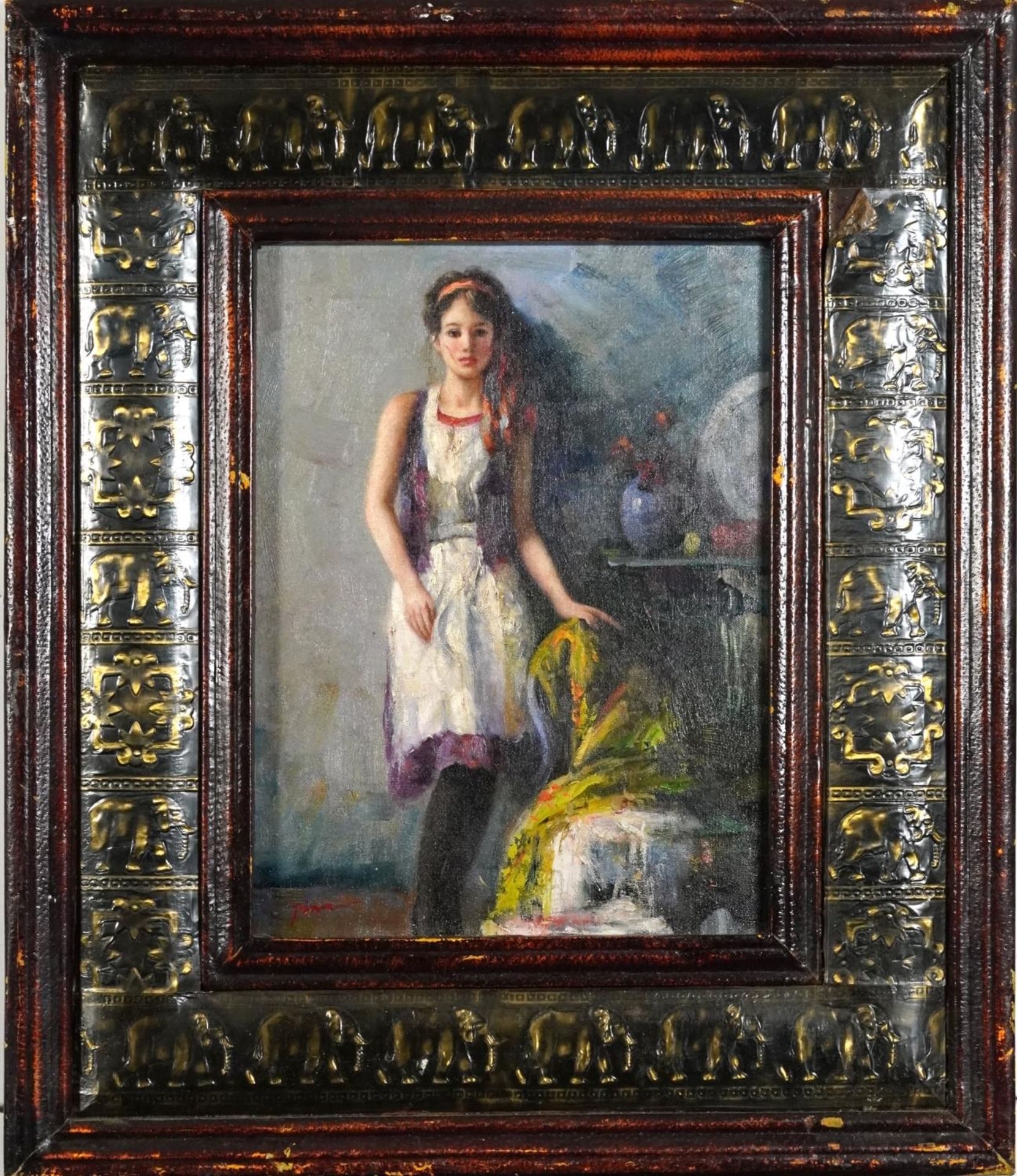 Manner of Pino Daeni - Female beside flowers, Italian school oil on board, housed in a frame - Image 2 of 4