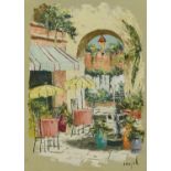 Myrl D'Arcy - Parisian cafe scene with archway, Carriageway Gallery New Orleans label verso, mounted