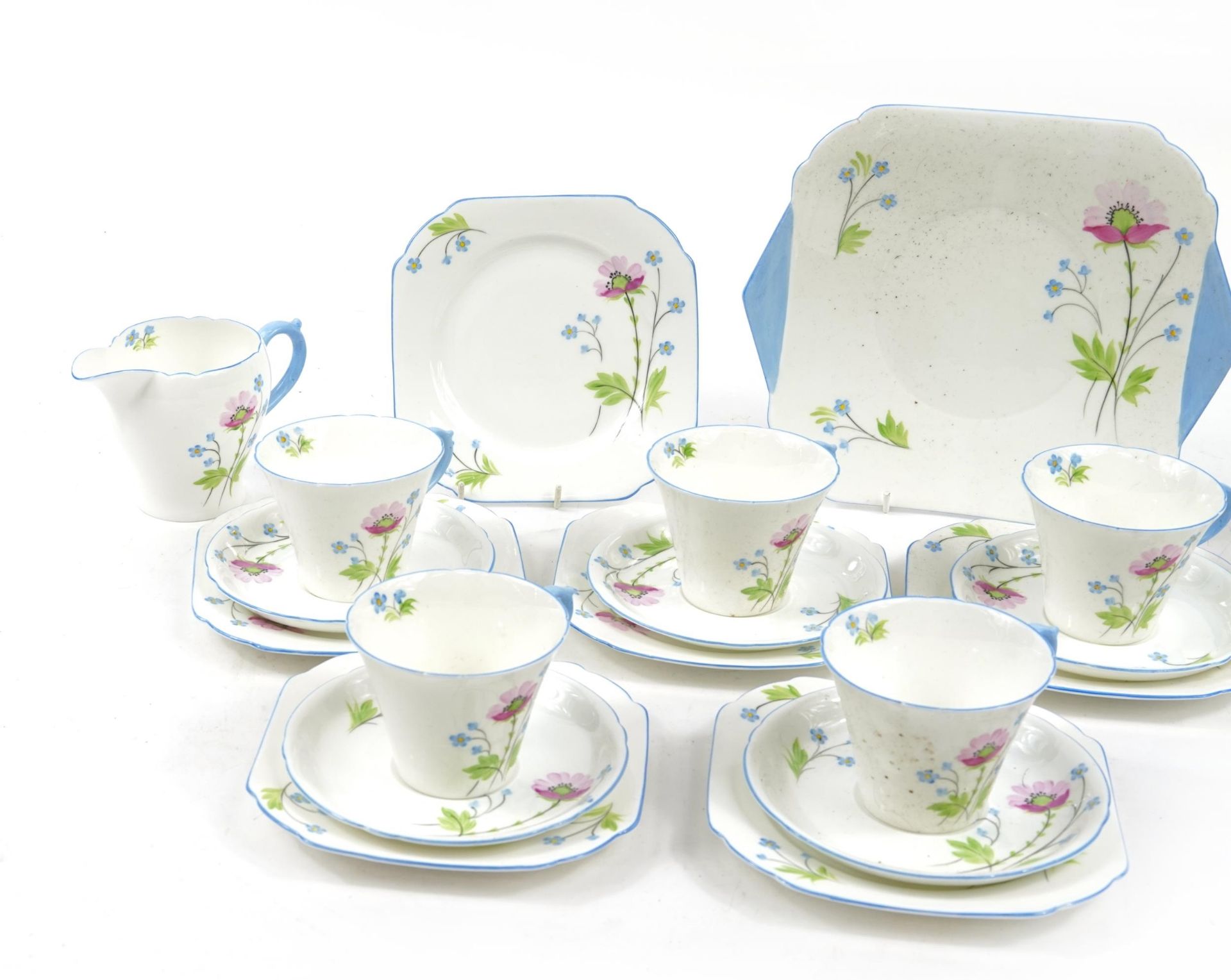 Shelley part tea service hand painted with flowers including trios and sandwich plate, 25cm wide : - Image 2 of 3