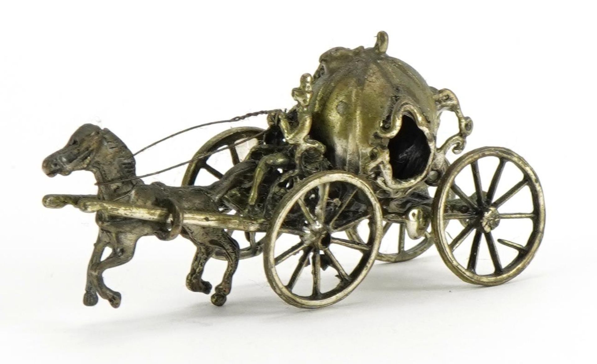 Continental 800 grade silver study of Cinderella's pumpkin horse and carriage, 7.5cm wide, 32.6g :