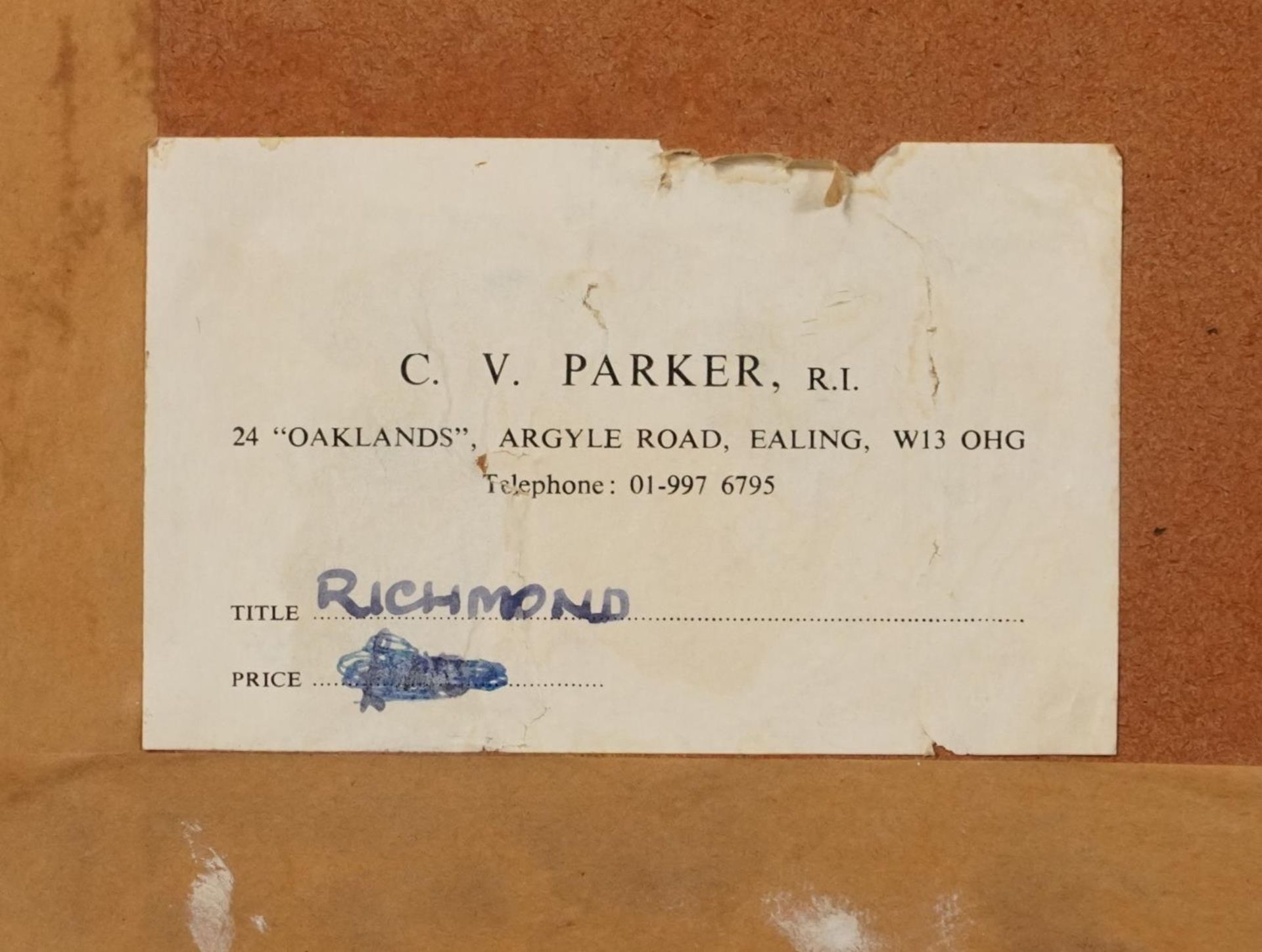 C V Parker - Towards Ventnor and Richmond, two watercolours, each with labels verso, mounted, framed - Image 11 of 11