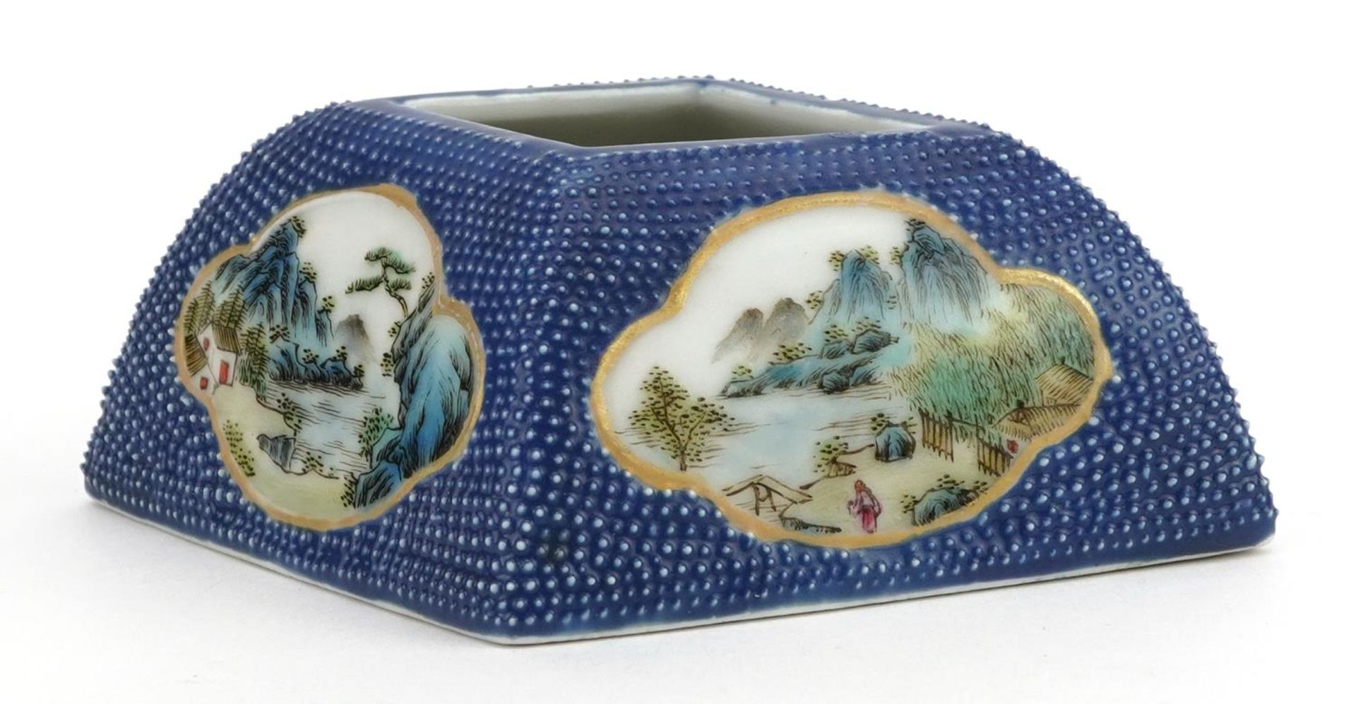 Chinese porcelain blue ground diamond shaped water pot hand painted in the famille rose palette with