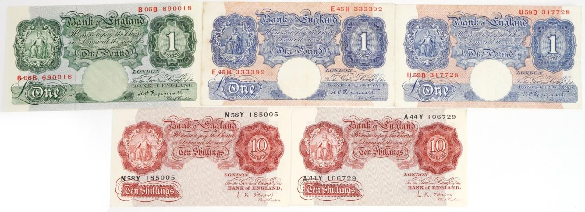 Four Bank of England banknotes including two K O Peppiatt Emergency one pounds and L K O'Brien ten - Image 2 of 3