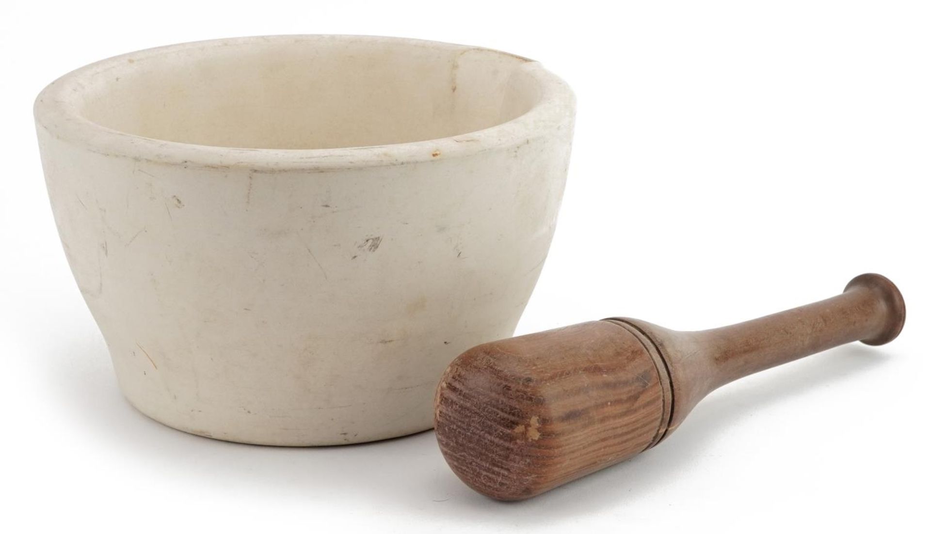 Military interest Wedgwood Best Composition mortar with hardwood pestle, impressed marks to the - Image 3 of 5