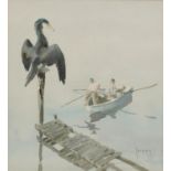 Heron before figures in a rowing boat, watercolour, indistinctly signed, possibly Liocey, mounted,