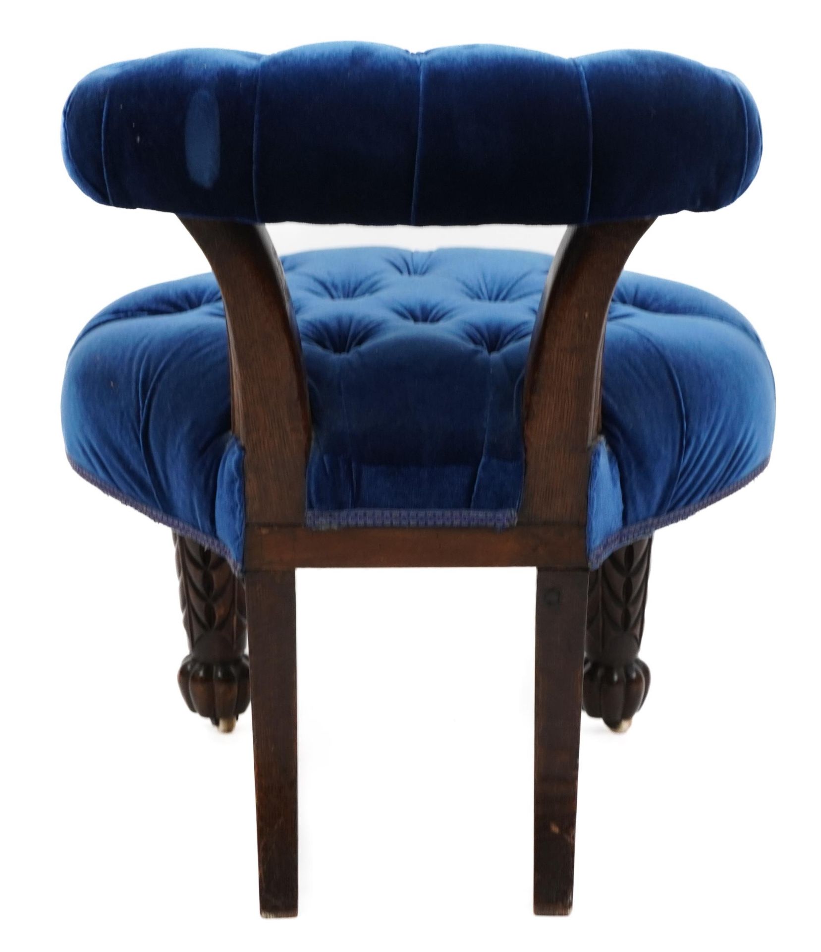 Victorian carved oak bedroom chair with blue button back upholstery, 64cm high : For further - Image 3 of 3