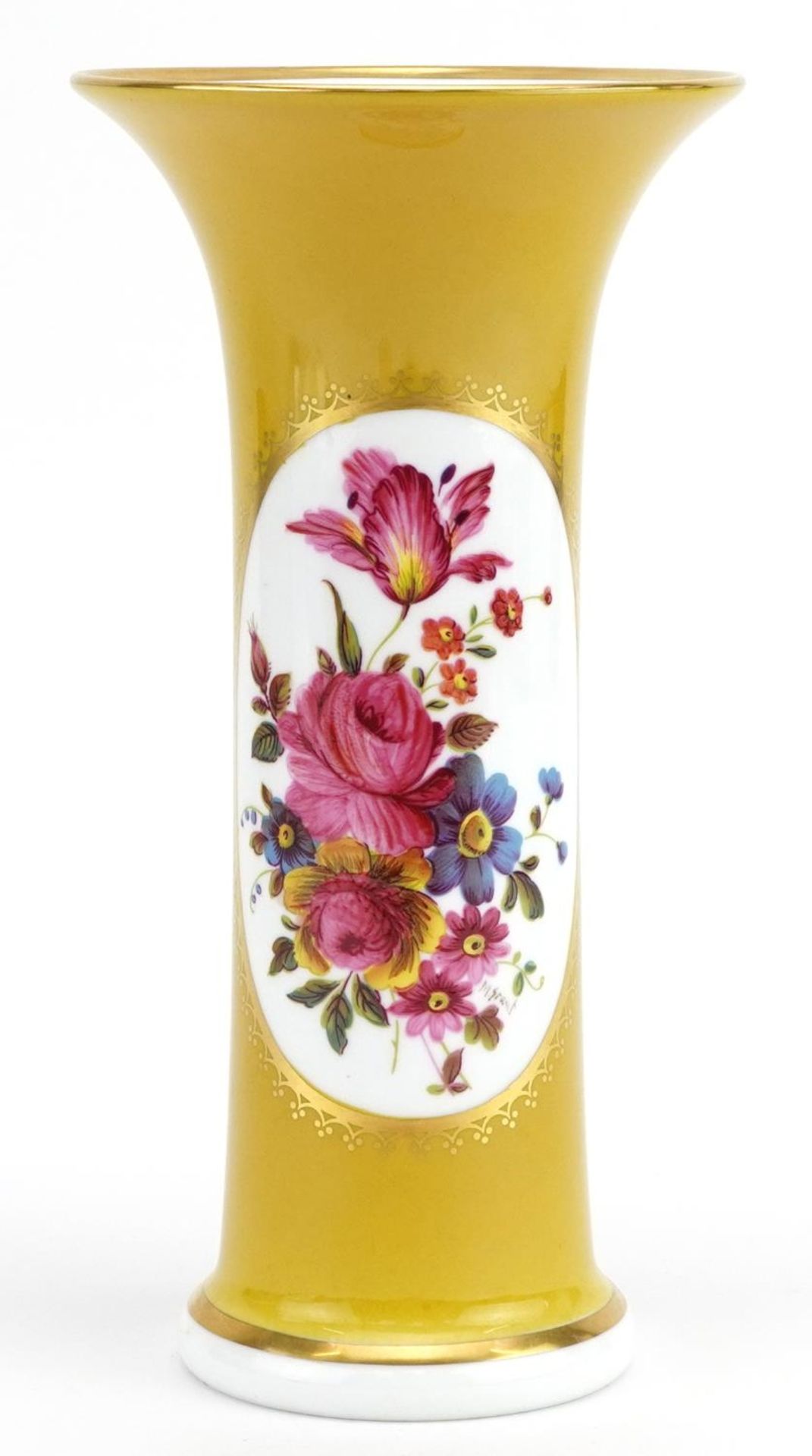 Caverswall yellow ground porcelain trumpet vase hand painted with flowers, 19.5cm high : For further