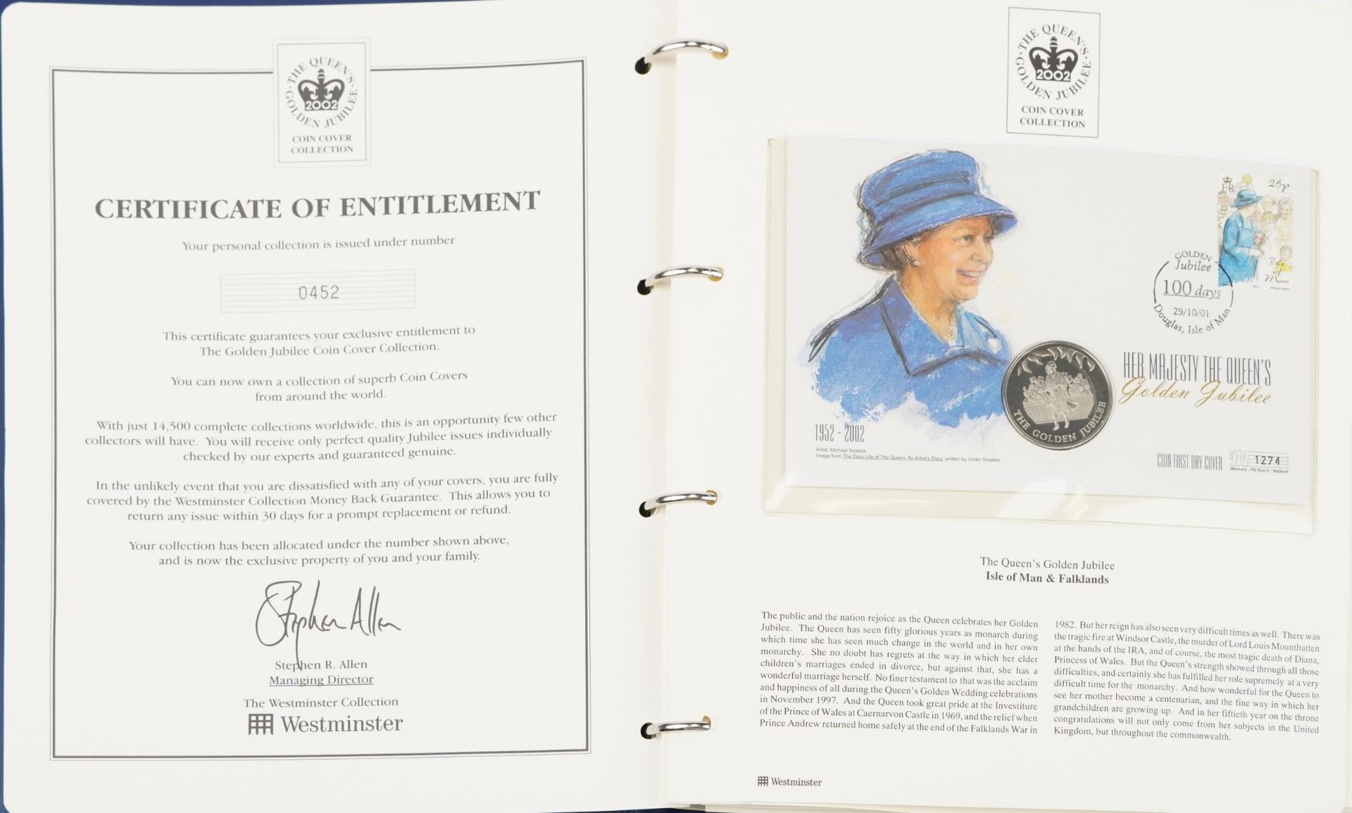 The Queen's Golden Jubilee coin covers arranged in two albums including Isle of Man & Falklands