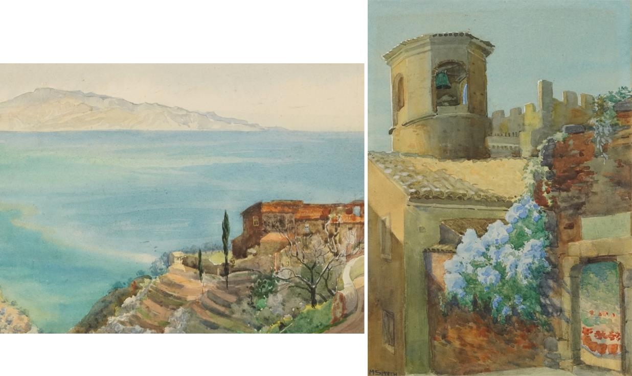 Italian bell tower and coastal landscape with villa, two continental watercolours, one signed M