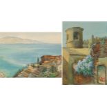 Italian bell tower and coastal landscape with villa, two continental watercolours, one signed M