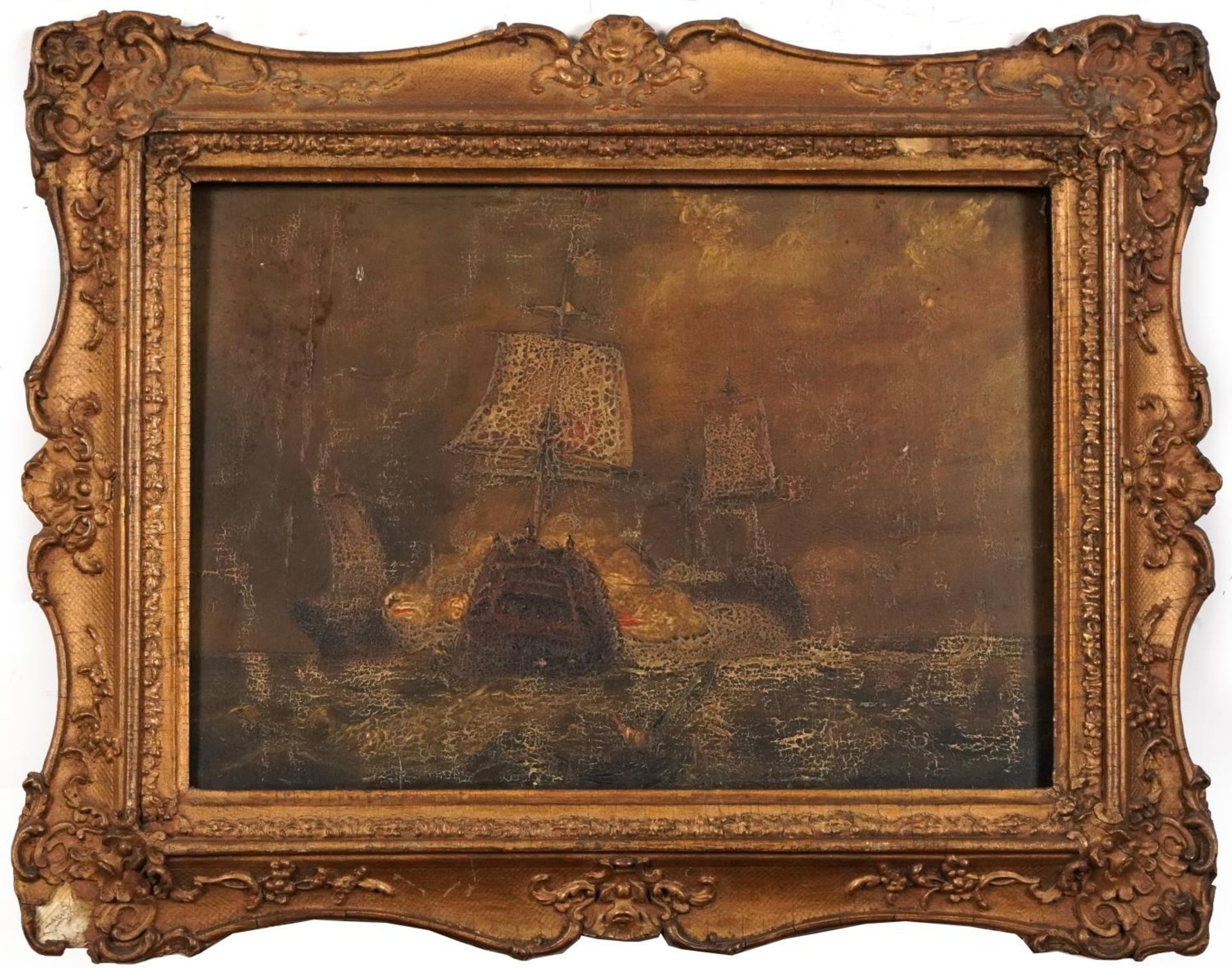 Warships at sea, antique maritime interest oil on wood panel housed in an ornate gilt frame, 27cm - Bild 2 aus 3