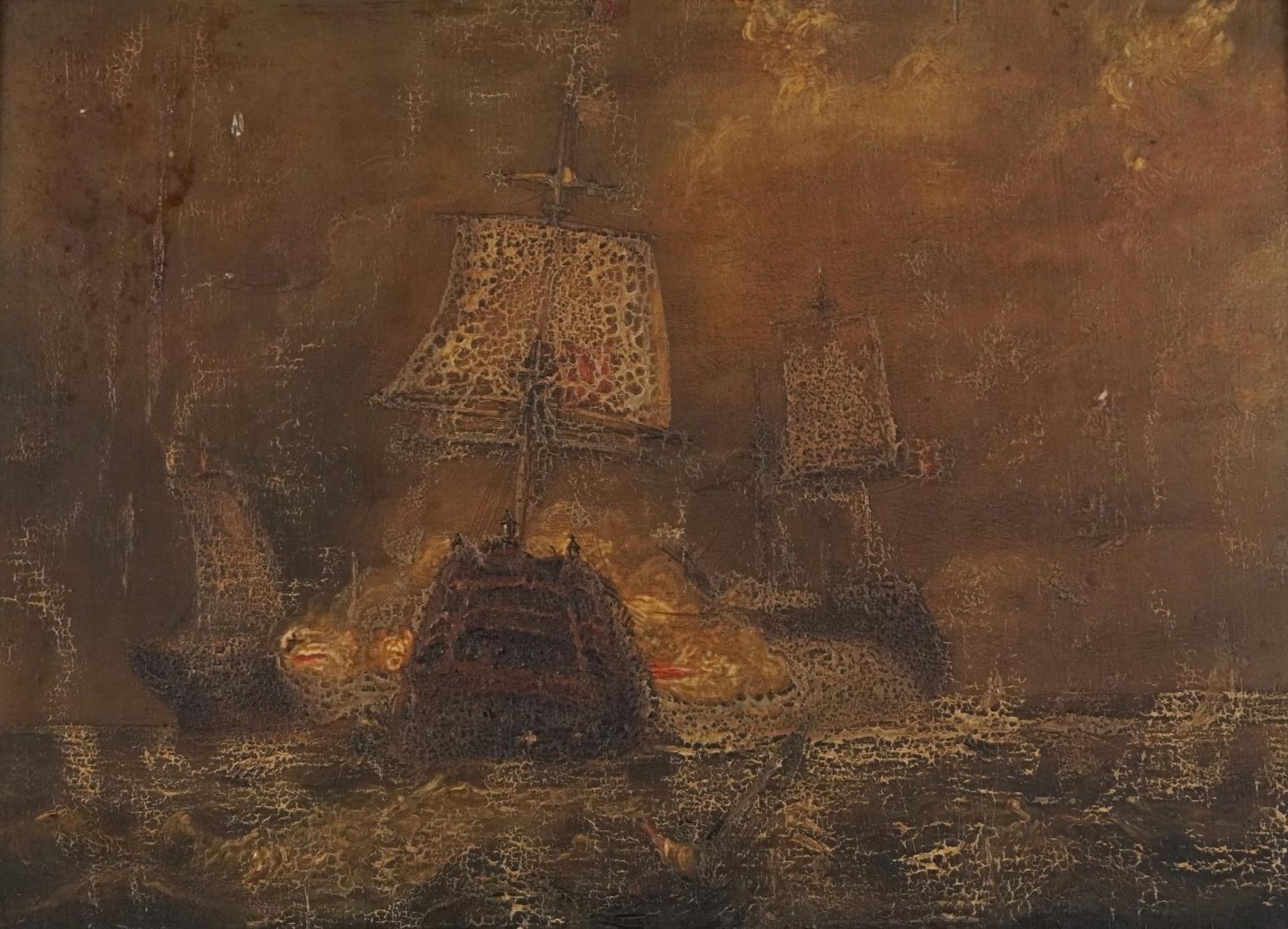 Warships at sea, antique maritime interest oil on wood panel housed in an ornate gilt frame, 27cm