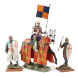 Two hand painted models of Crusaders and a knight on horseback the largest 61cm high : For further