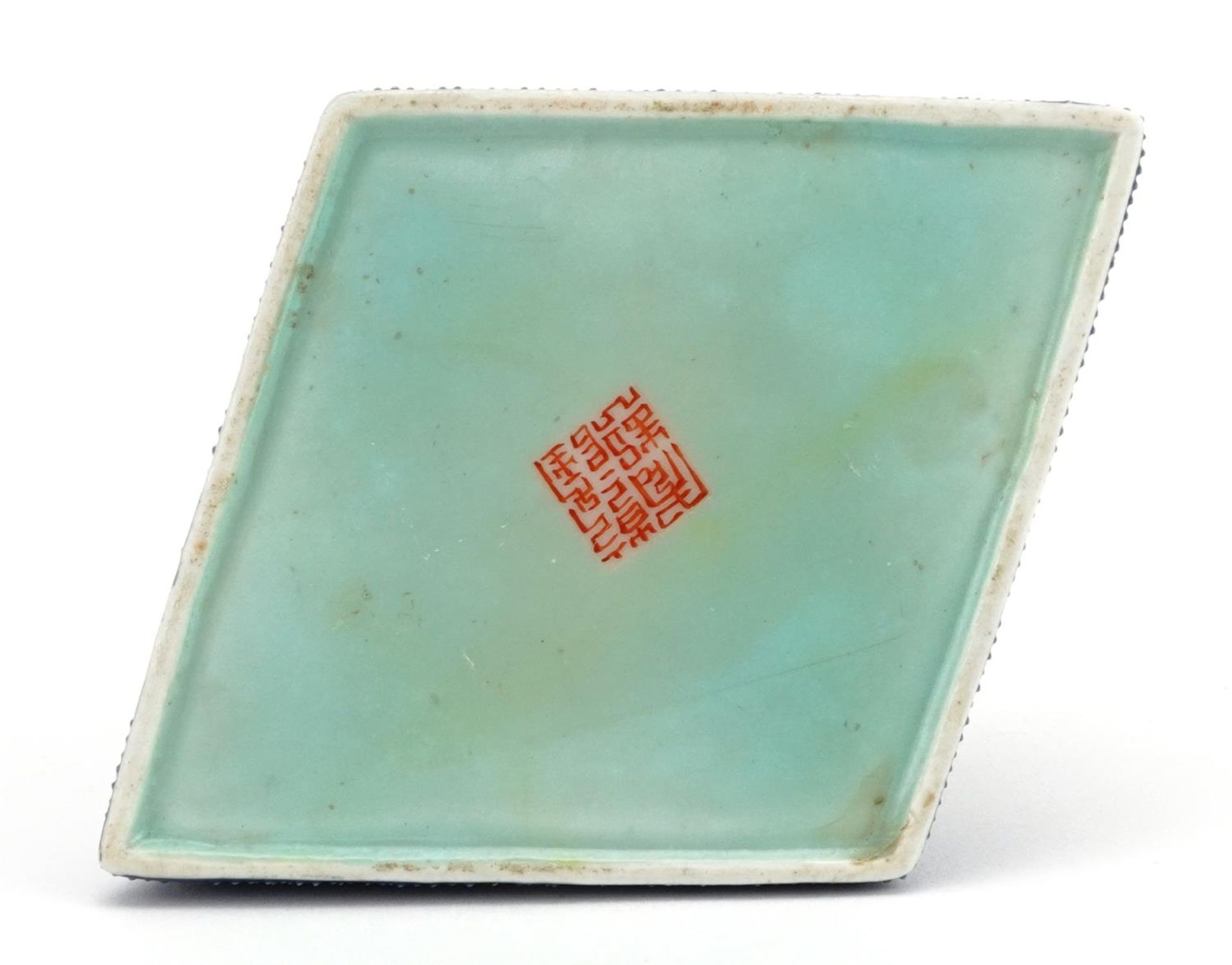 Chinese porcelain blue ground diamond shaped water pot hand painted in the famille rose palette with - Image 3 of 3