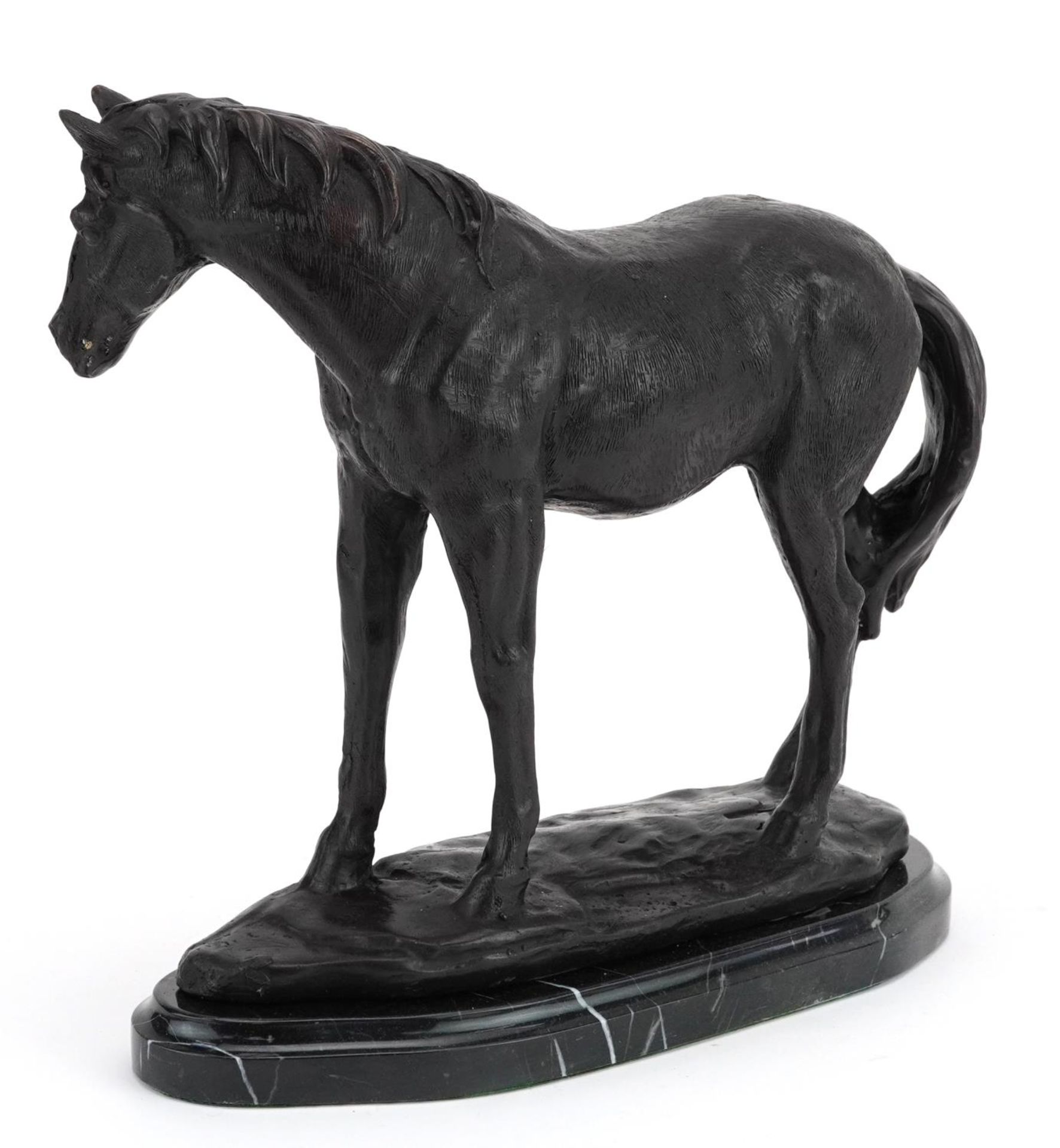 Patinated bronze study of a horse raised on a shaped marble base, 27cm in length : For further - Image 2 of 3