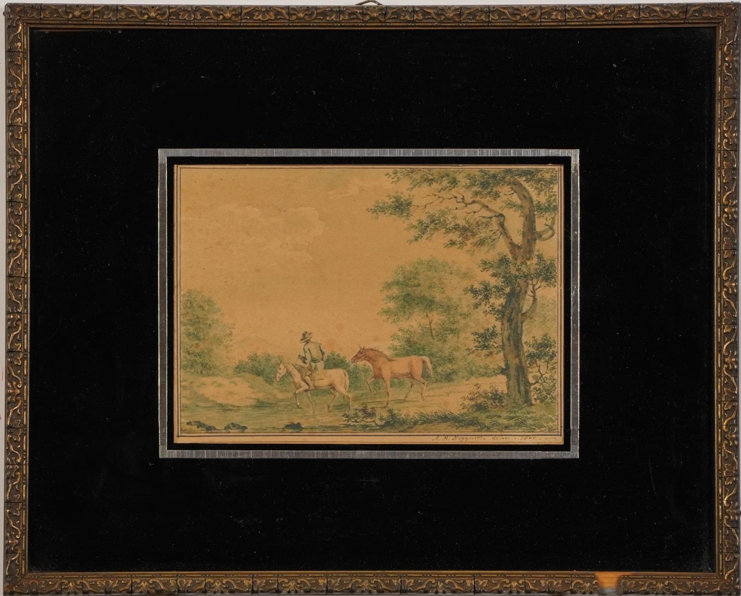 Figure on horseback before a landscape, early 19th century watercolour, indistinctly inscribed and - Image 2 of 4