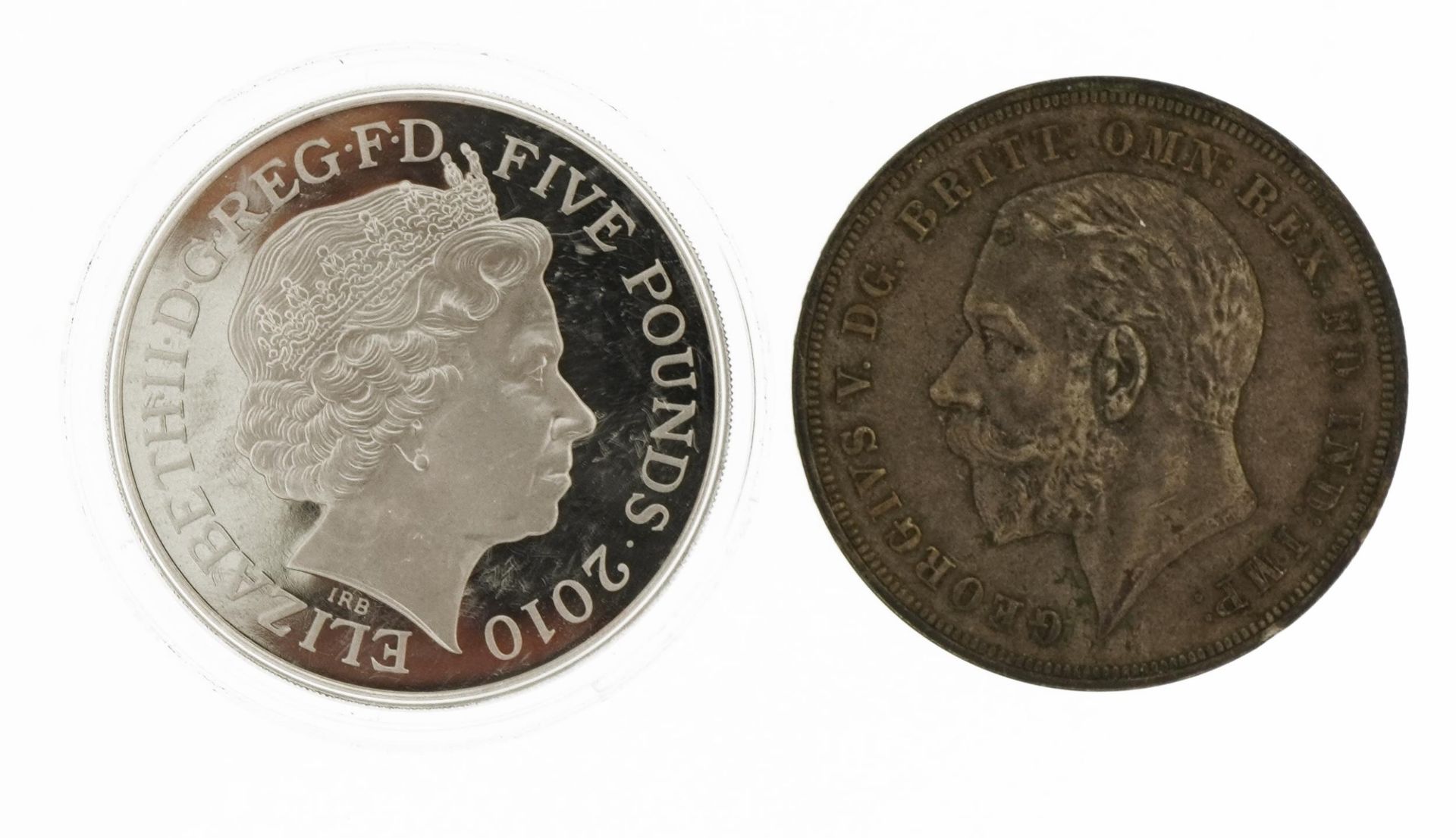 Elizabeth II 2010 Churchill silver five pound coin and a George V 1935 Rocking Horse crown : For - Image 2 of 2