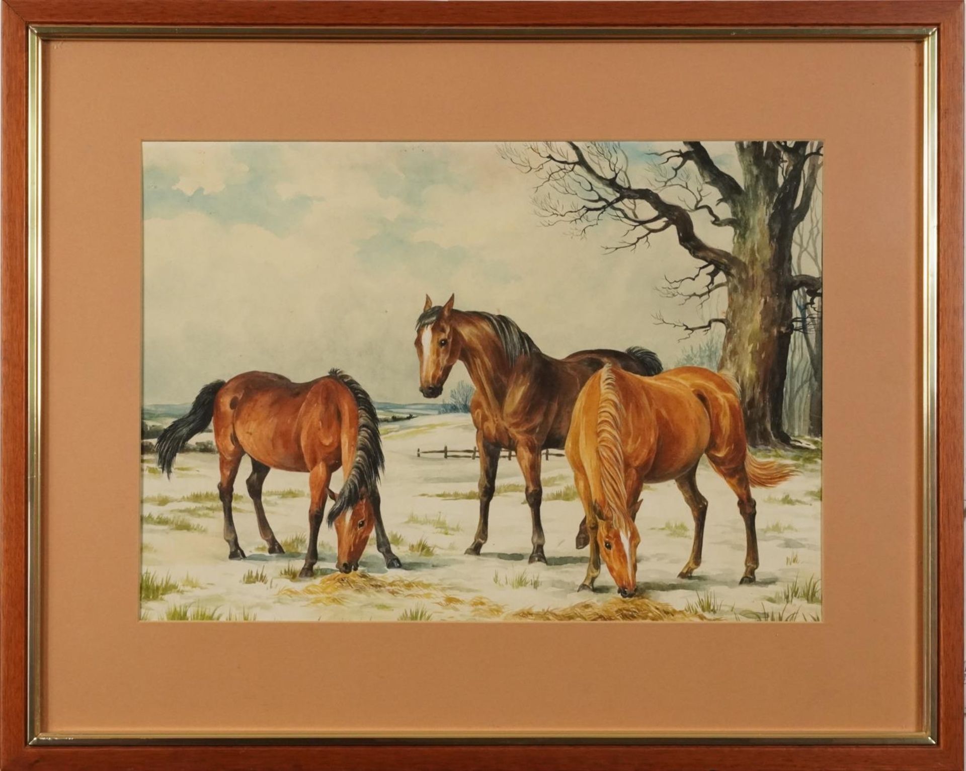 Three horses grazing in a snowy landscape, 20th century English school watercolour, mounted, - Image 2 of 3