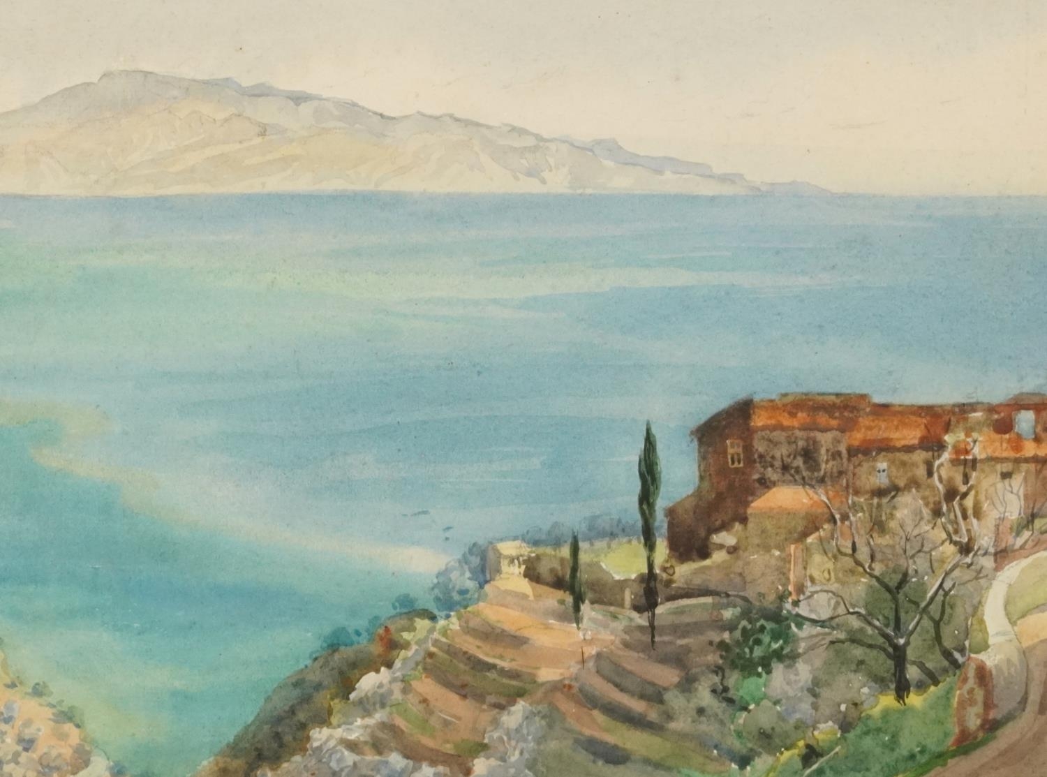 Italian bell tower and coastal landscape with villa, two continental watercolours, one signed M - Image 2 of 9