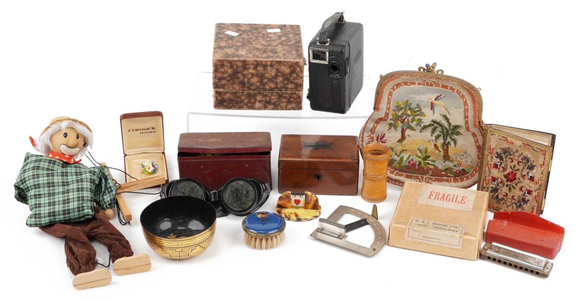 19th century and later sundry items including a whist marker brush, Pelham puppet, Burmese lacquered