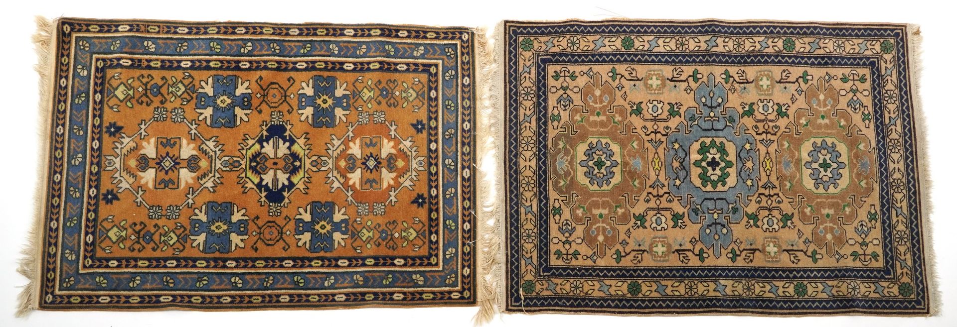 Two rectangular part silk rugs with allover geometric design, the largest 97cm x 76cm : For
