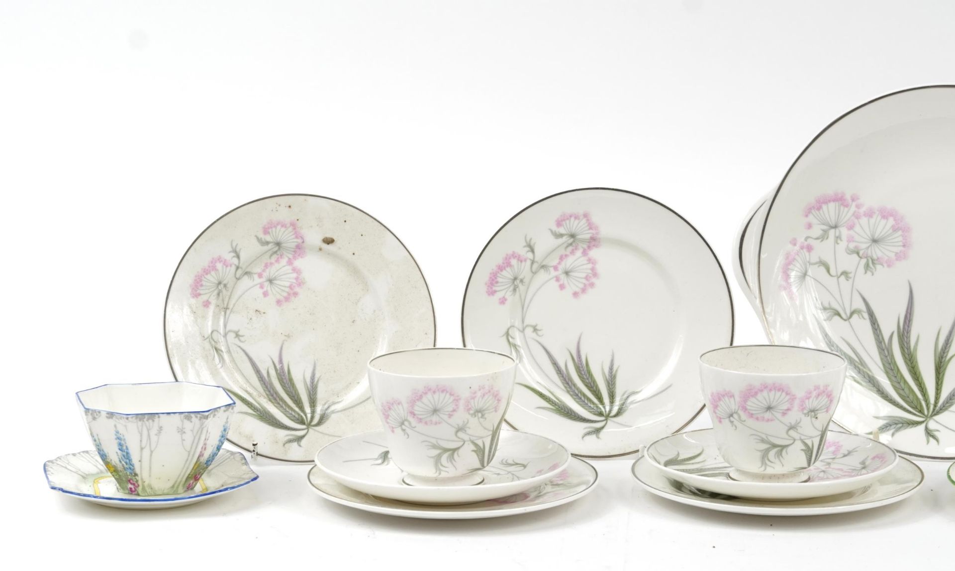 Collection of Shelley Art Deco porcelain teaware including trios, sugar bowl and cake plate, the - Image 2 of 4
