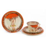 Clarice Cliff, Art Deco Honeyglaze conical teaware hand painted in the Taormina pattern comprising