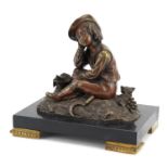 19th century patinated bronze study of a young farmer raised on a rectangular black slate base