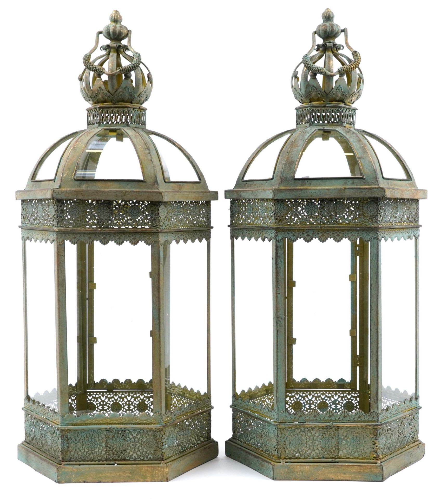 Pair of partially gilt metal and glass hexagonal hanging lanterns, 62cm high : For further - Image 2 of 3