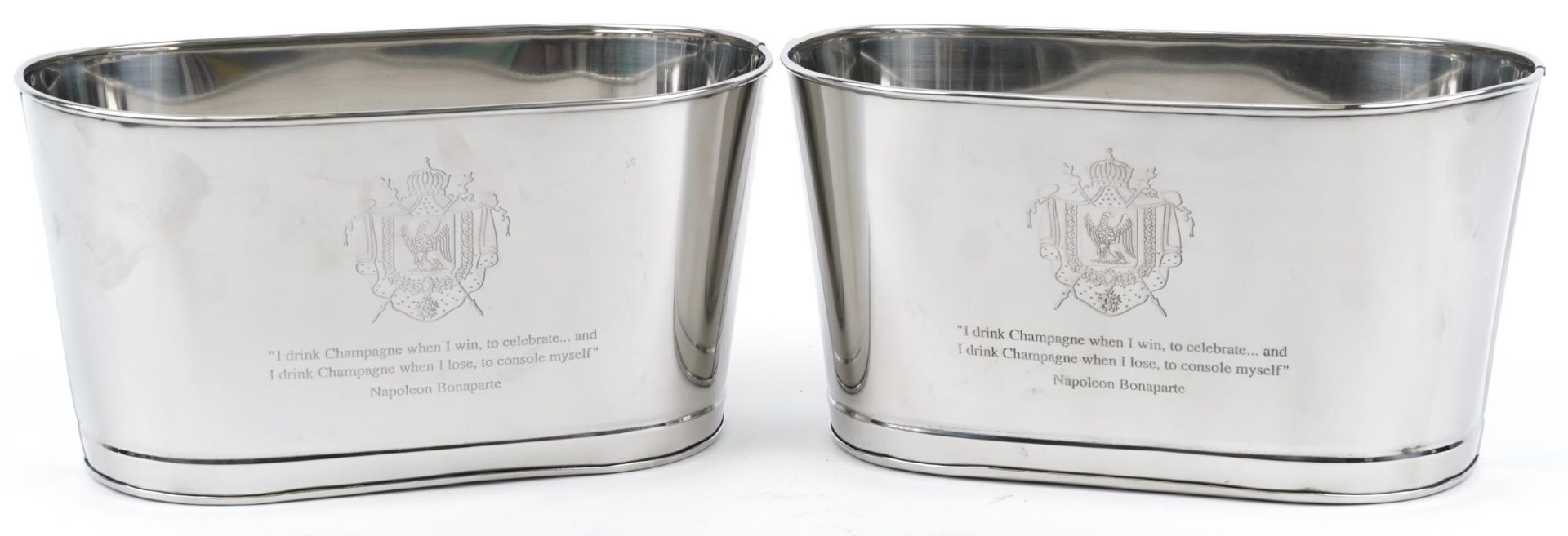 Pair of Champagne ice buckets with Lily Bollinger and Napoleon Bonaparte mottoes, each 18cm H x 34cm