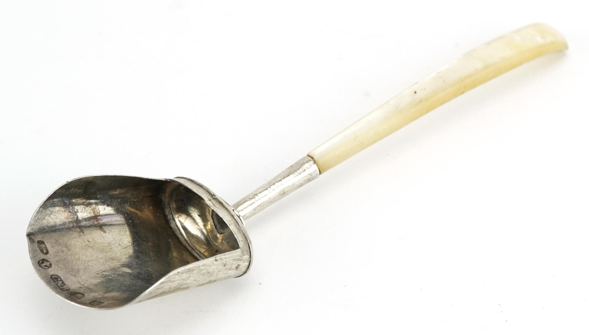 Cocks & Bettridge, George III silver caddy spoon with mother of pearl handle in the form of a