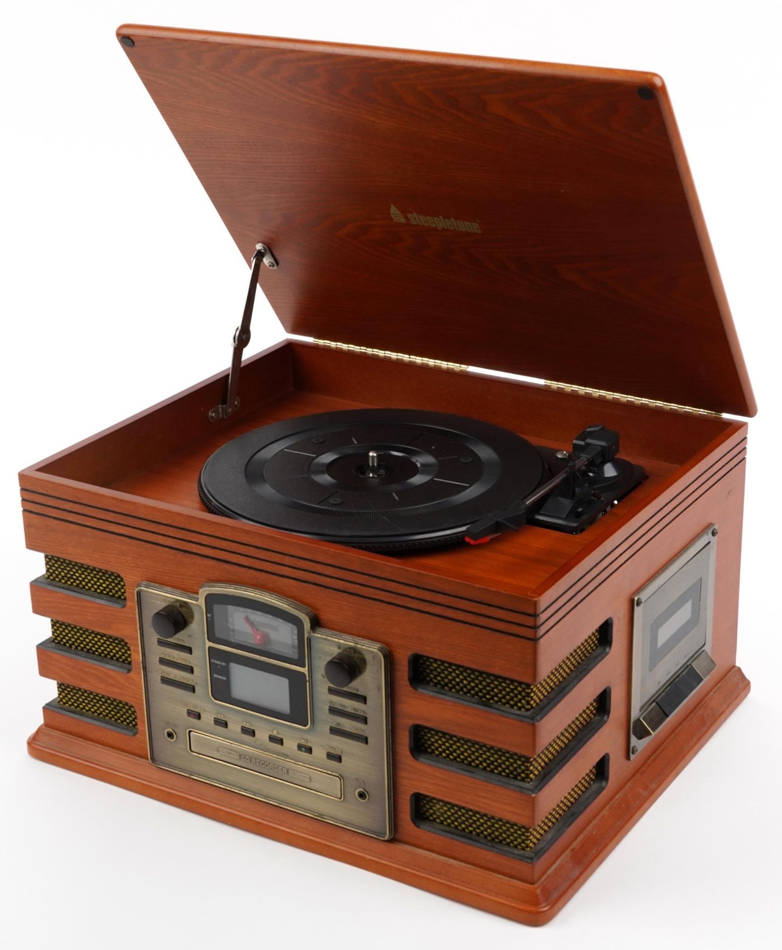 Retro Steepletone lightwood record/CD player and radio, 26cm H x 45cm W x 37cm D : For further