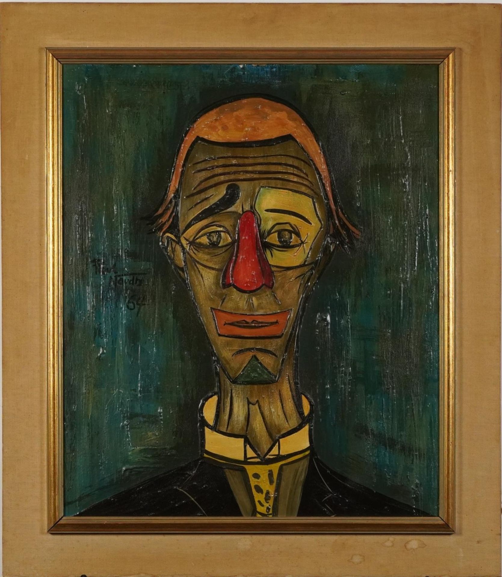 Manner of Bernard Buffet - Head and shoulders portrait of a clown, 1960s oil on board, mounted and - Image 2 of 5