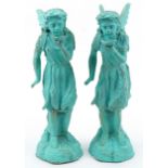 Pair of painted cast iron garden fairies, 48cm high : For further information on this lot please